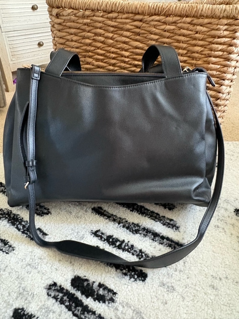 A New Day Classic Black Leather Tote Bag with Shoulder Strap